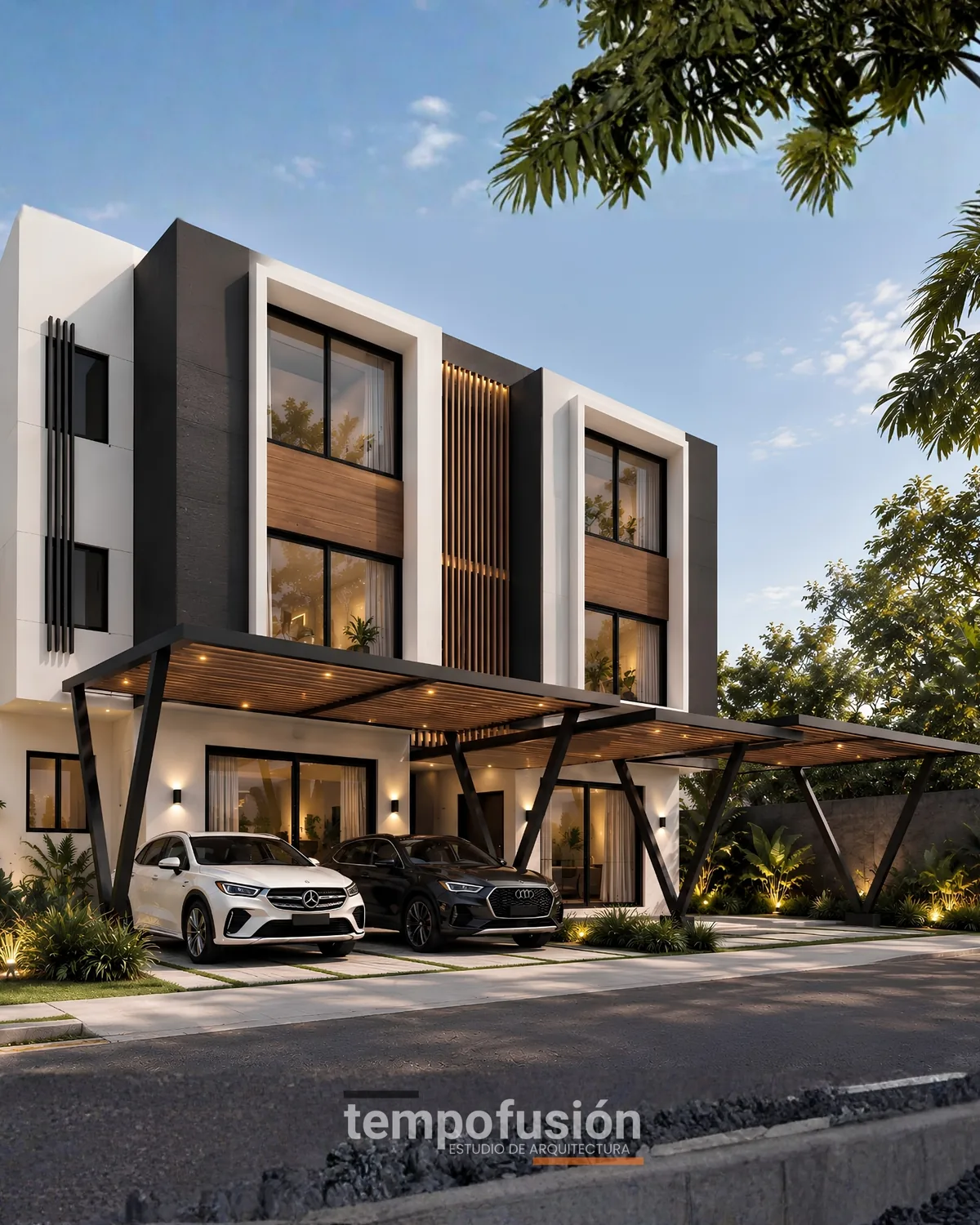 Vivienda de tres niveles con cochera techada y jardín, iluminada al atardecer