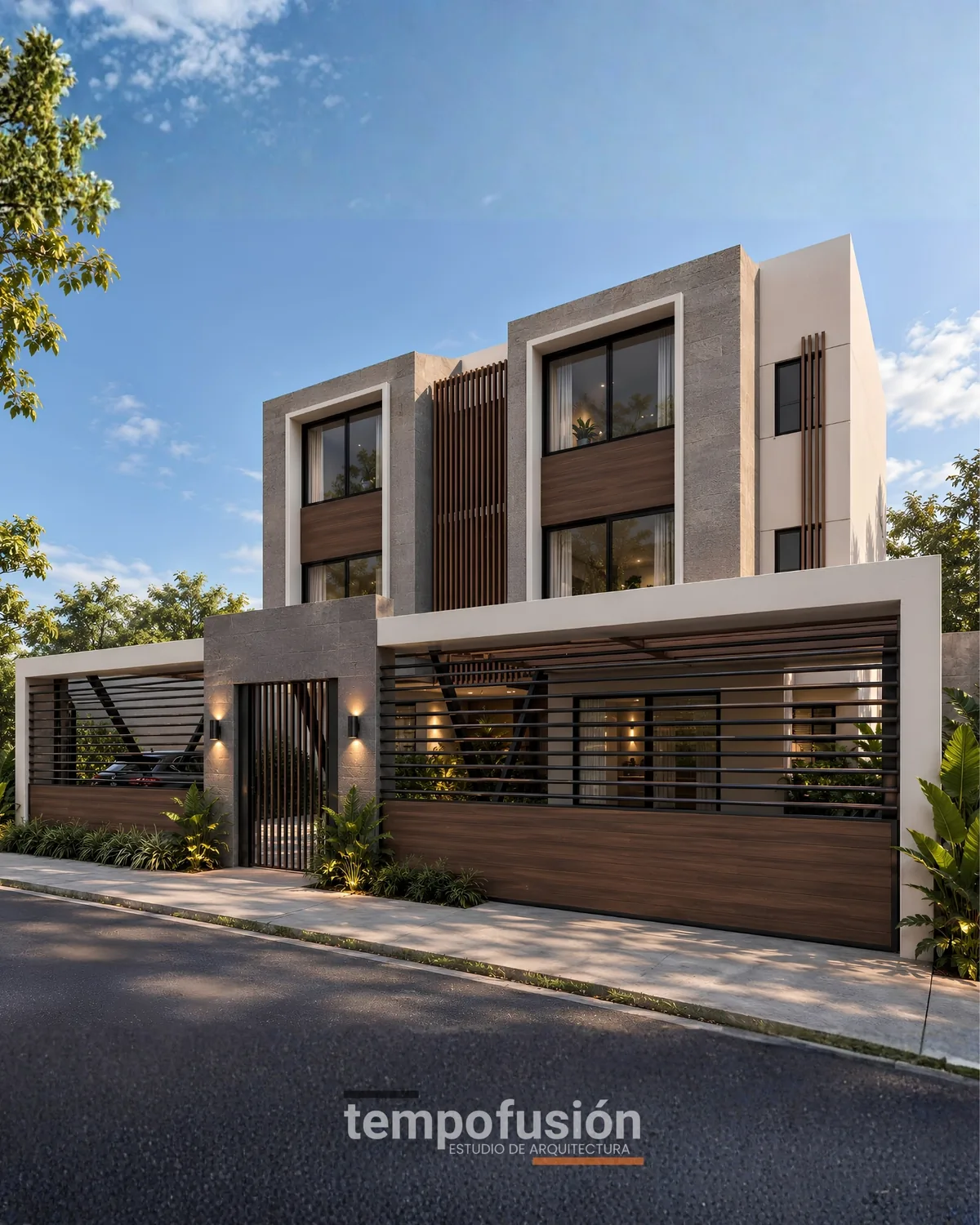 Conjunto residencial con portón de listones de madera