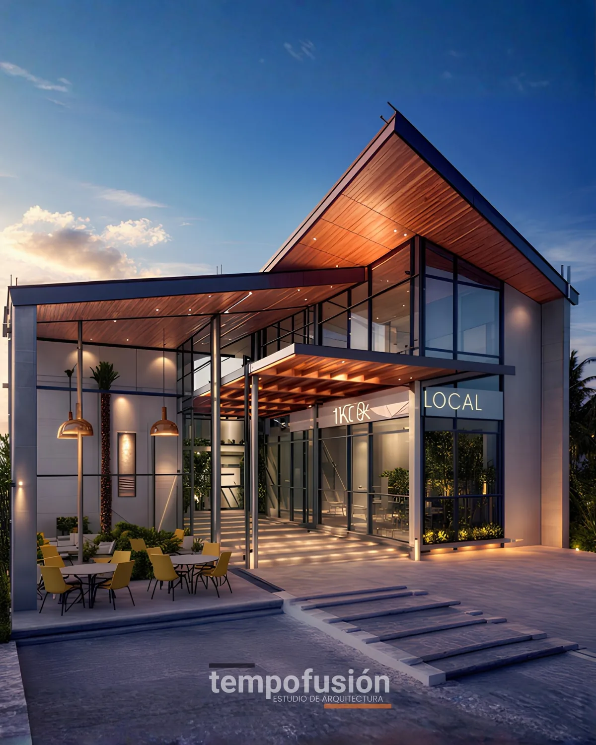 Local comercial con estructura de vidrio y madera, iluminado de noche