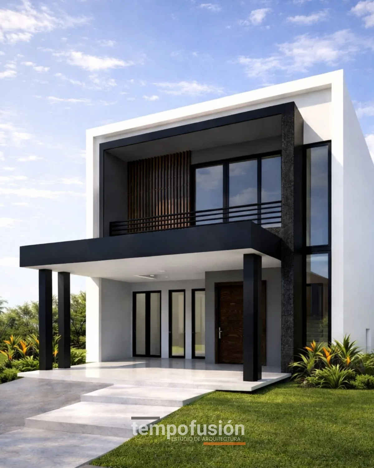 Vivienda de dos plantas con volumen oscuro en voladizo y puerta de madera