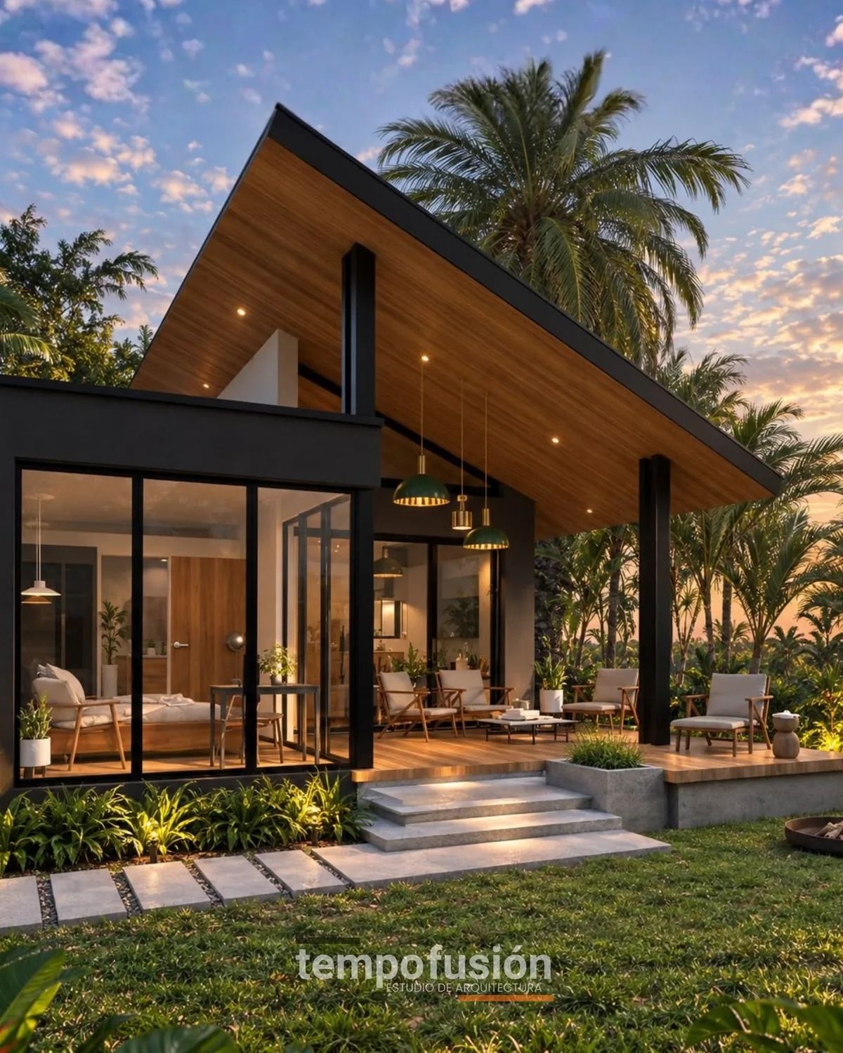 Terraza techada con estructura de madera, abierta al jardín al atardecer