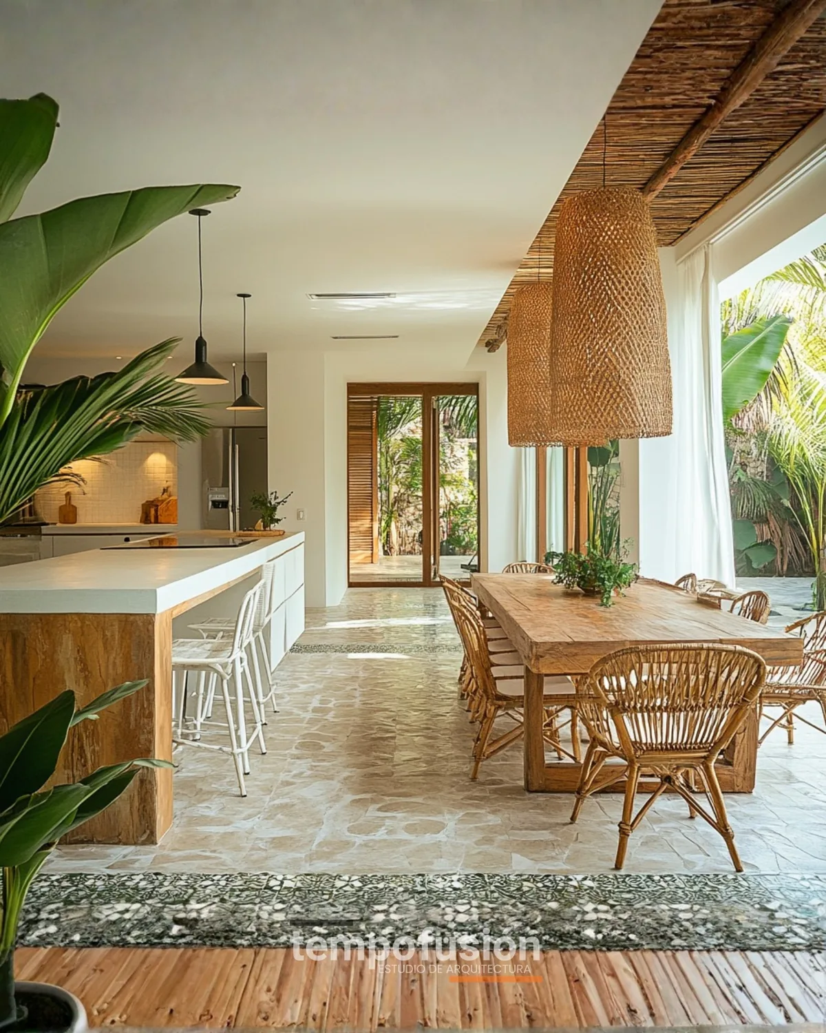 Cocina abierta al comedor con piso de terrazo y lámparas de fibra natural