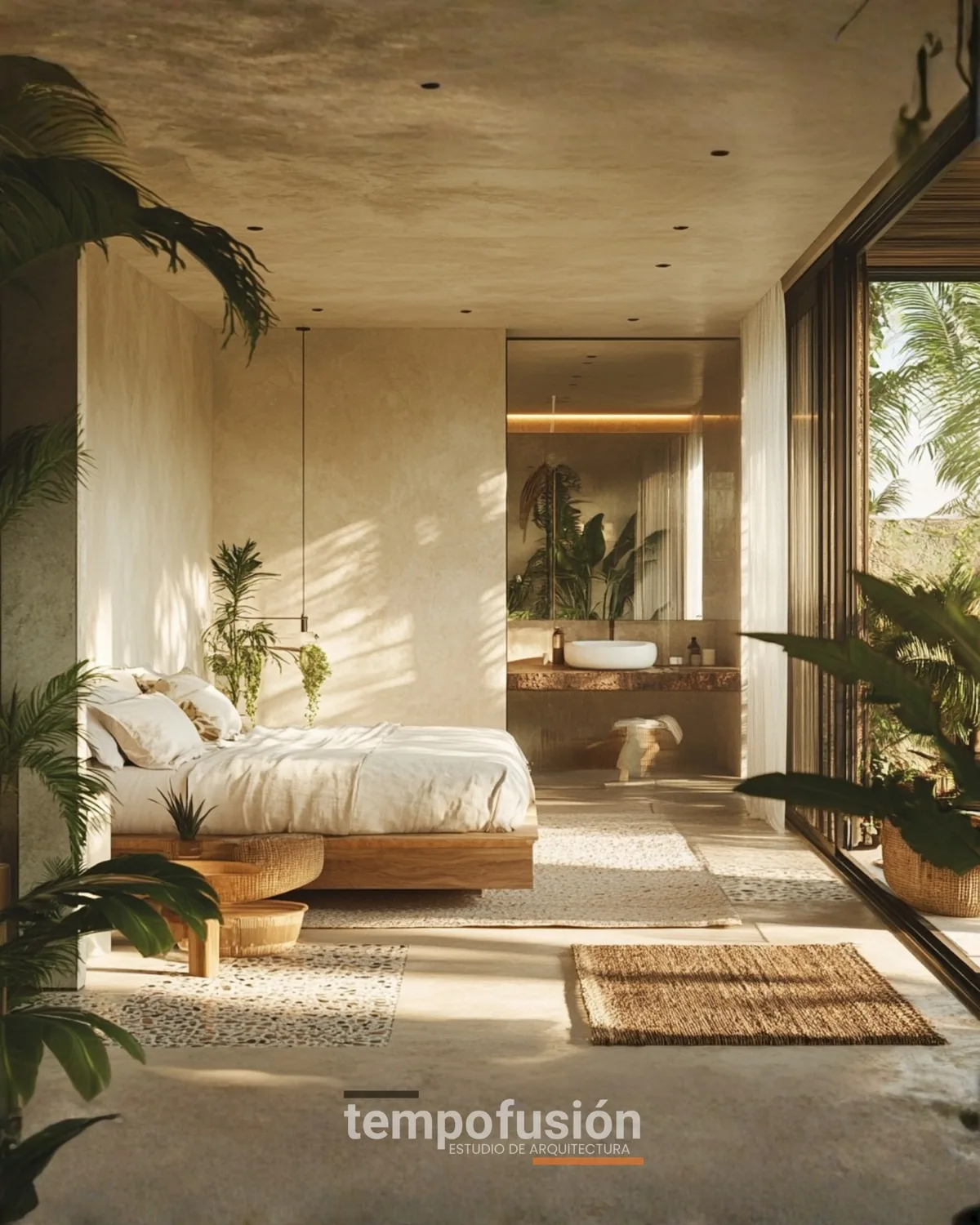 Dormitorio principal con vegetación y baño integrado