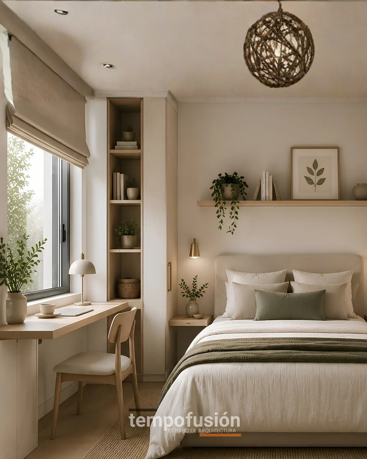 Dormitorio claro con escritorio junto a la ventana y repisas empotradas