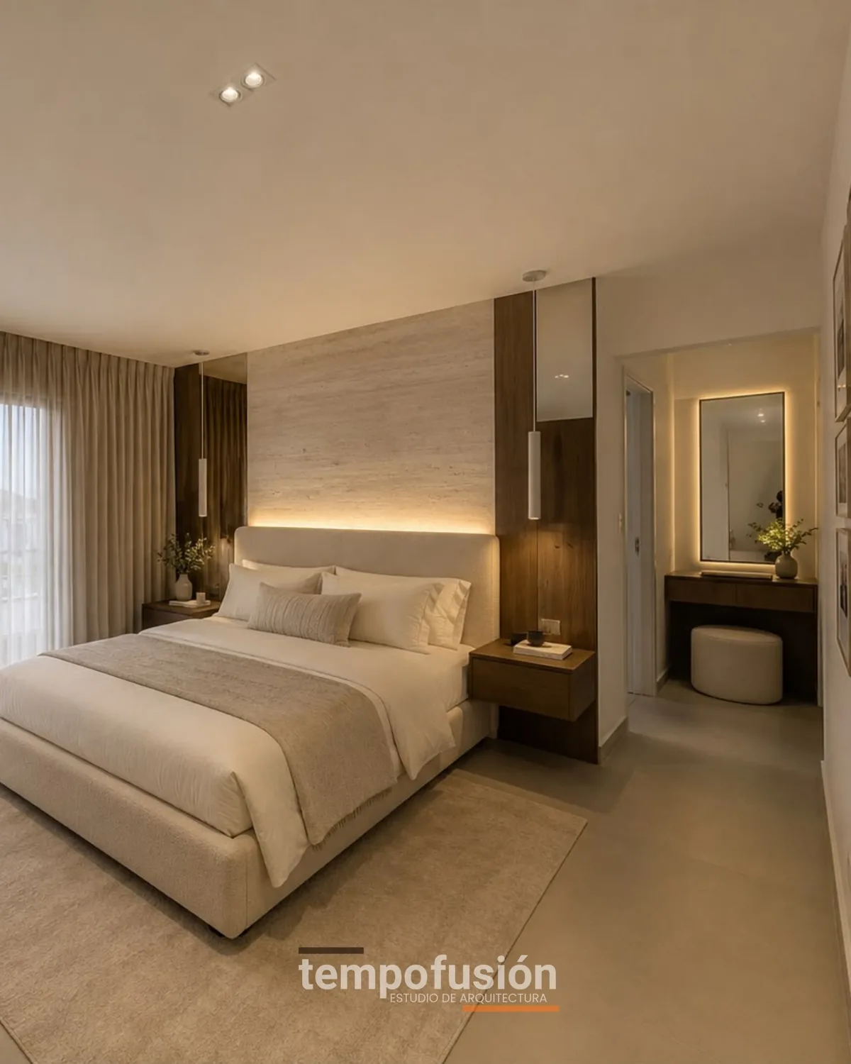 Dormitorio principal con cabecera de madera iluminada y tocador con espejo