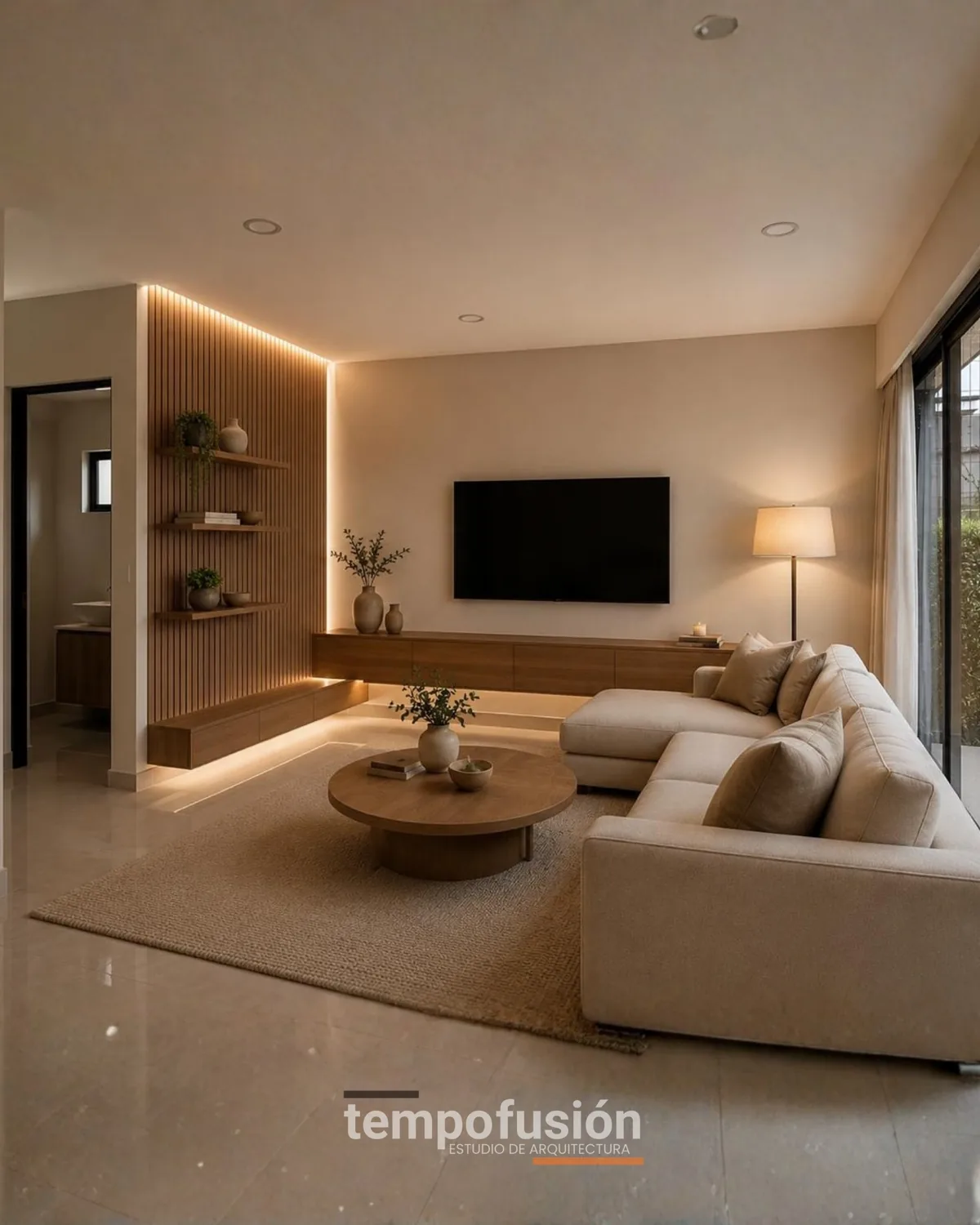Sala con sofá en L, panel de madera iluminado y salida al jardín