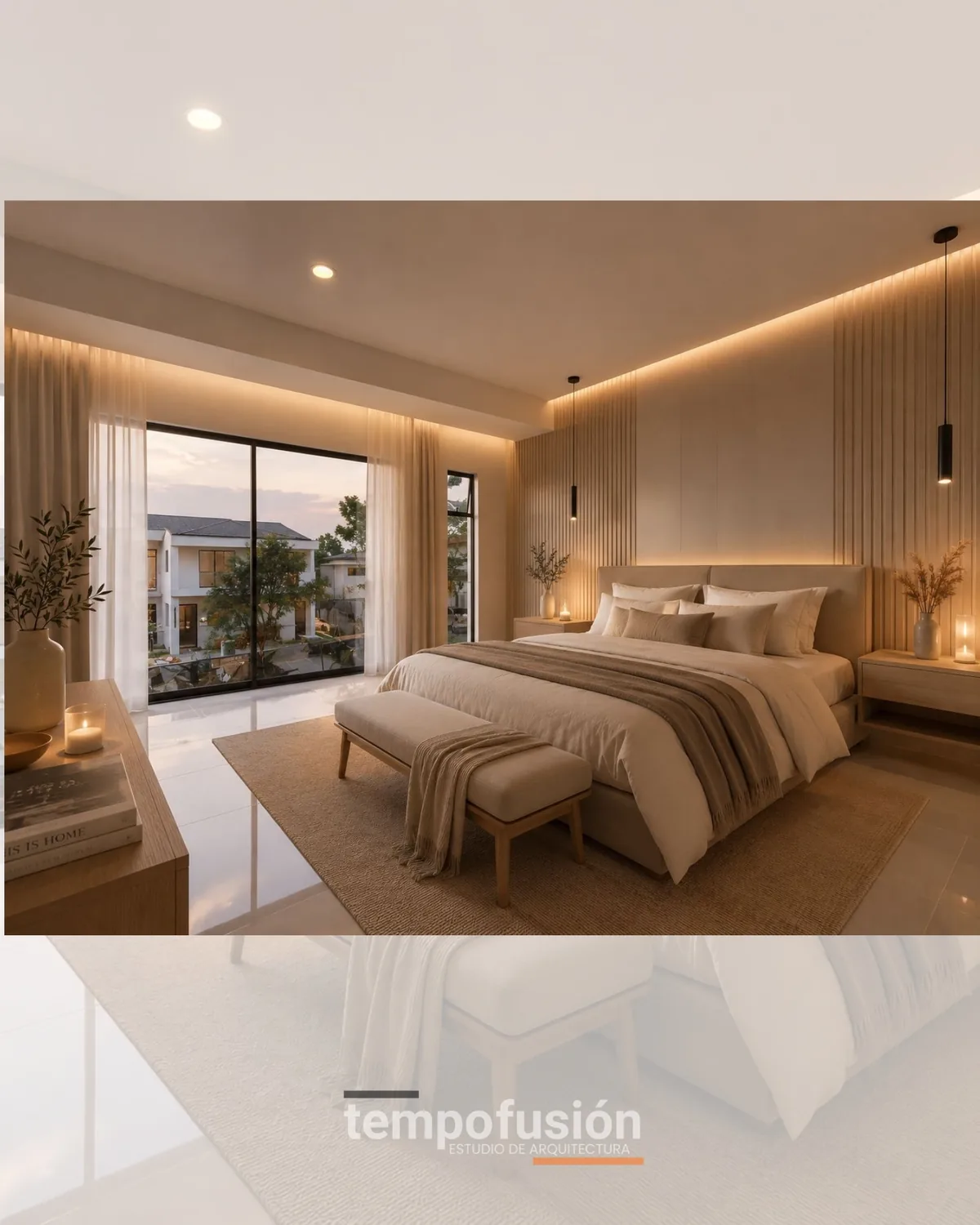 Dormitorio con ventanal de piso a techo y banca al pie de la cama