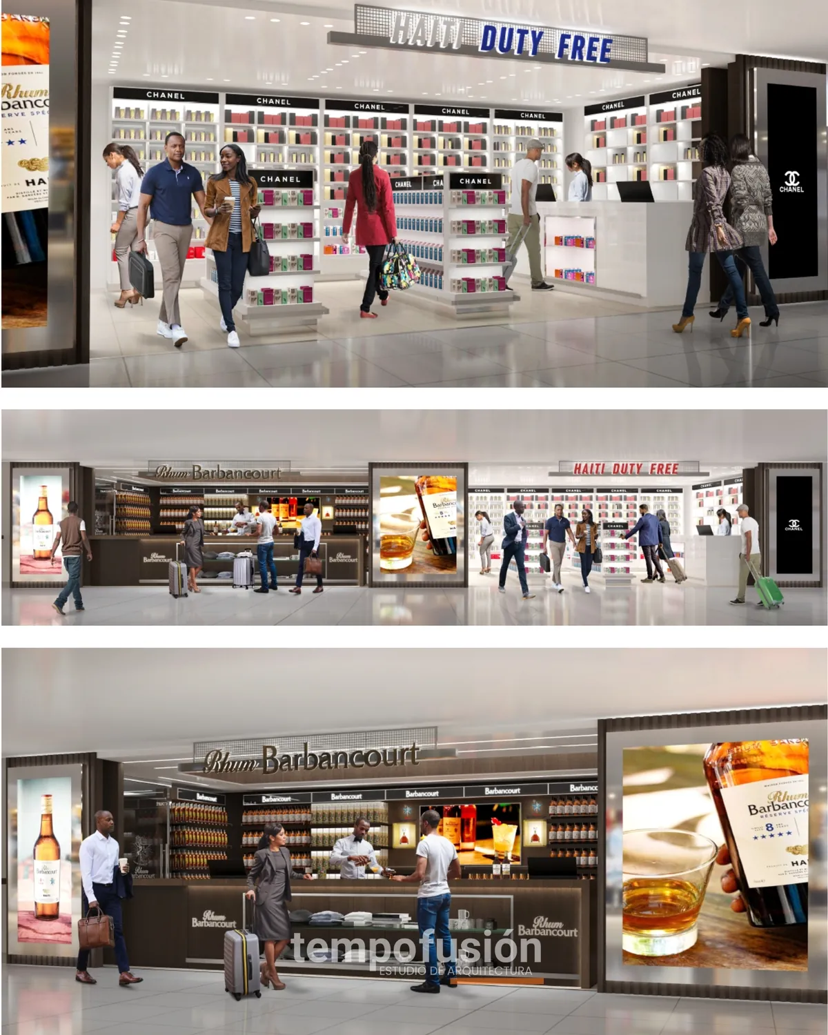 Tienda Haití Duty Free en el aeropuerto, con vitrinas de perfumería y clientes recorriendo la sala