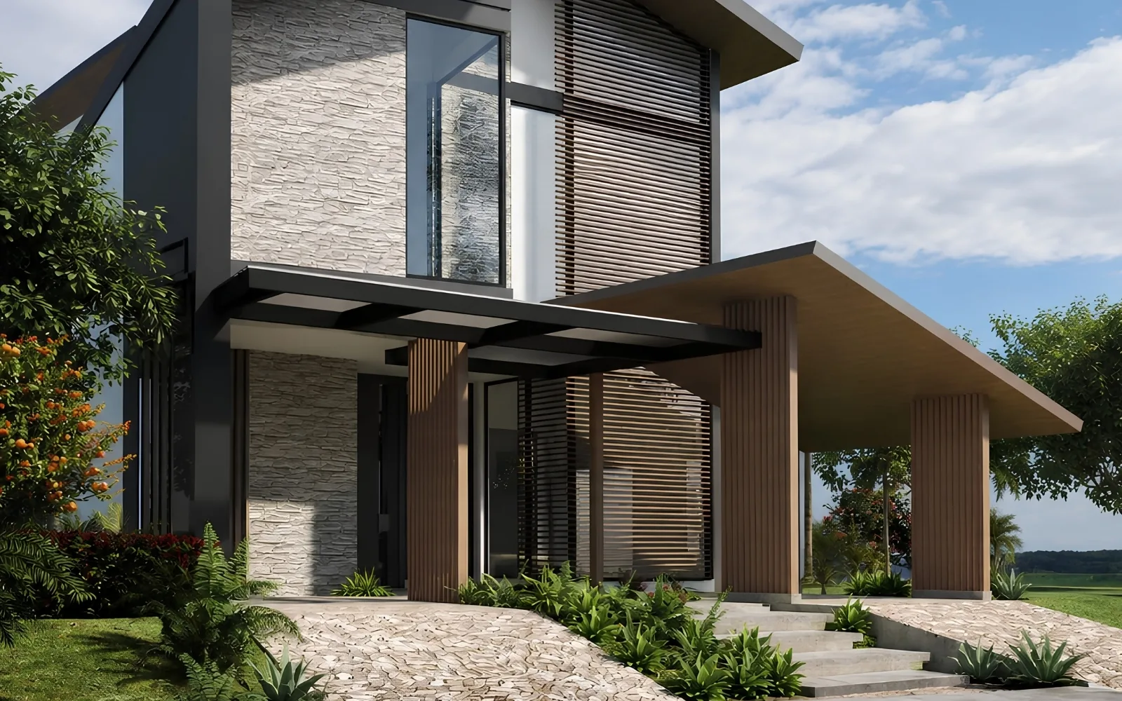 Vivienda contemporánea de dos plantas con celosías de madera y jardín