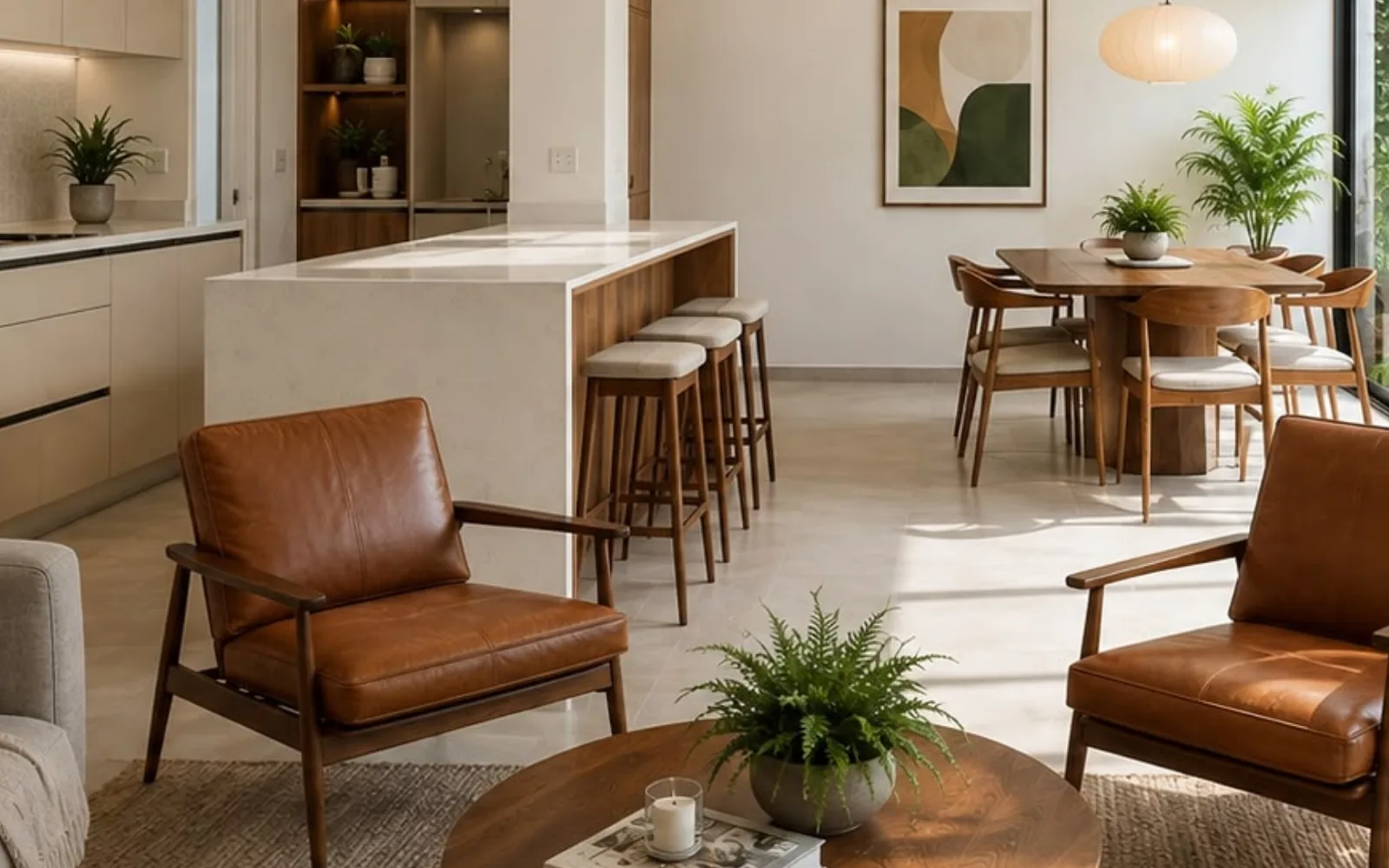 Sala y comedor integrados en tonos claros, con sillones de cuero