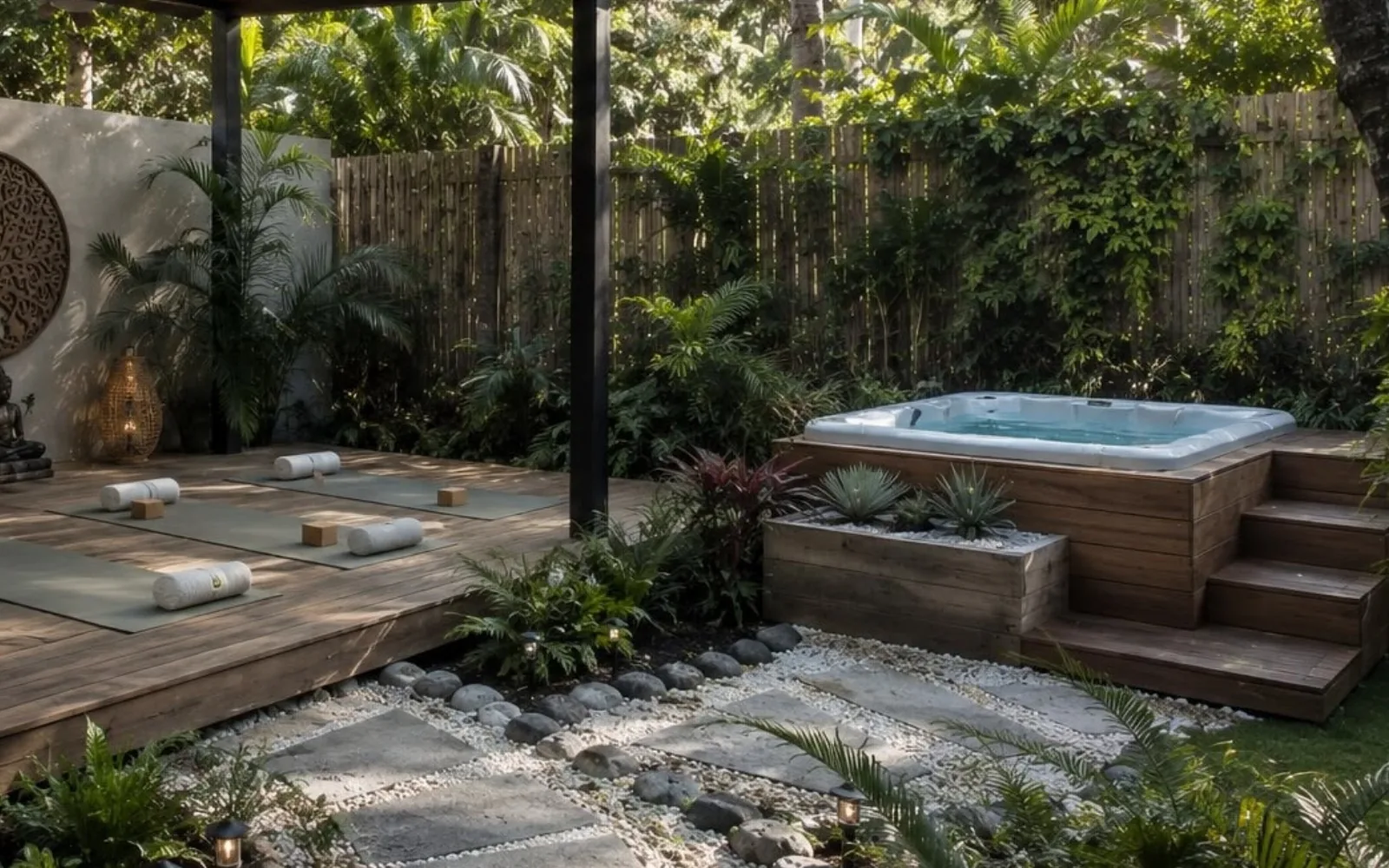 Terraza con deck de madera, jacuzzi y jardín tropical