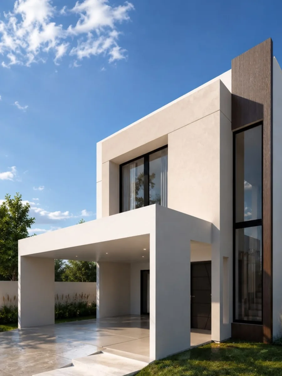 Fachada de vivienda contemporánea de líneas rectas bajo cielo despejado