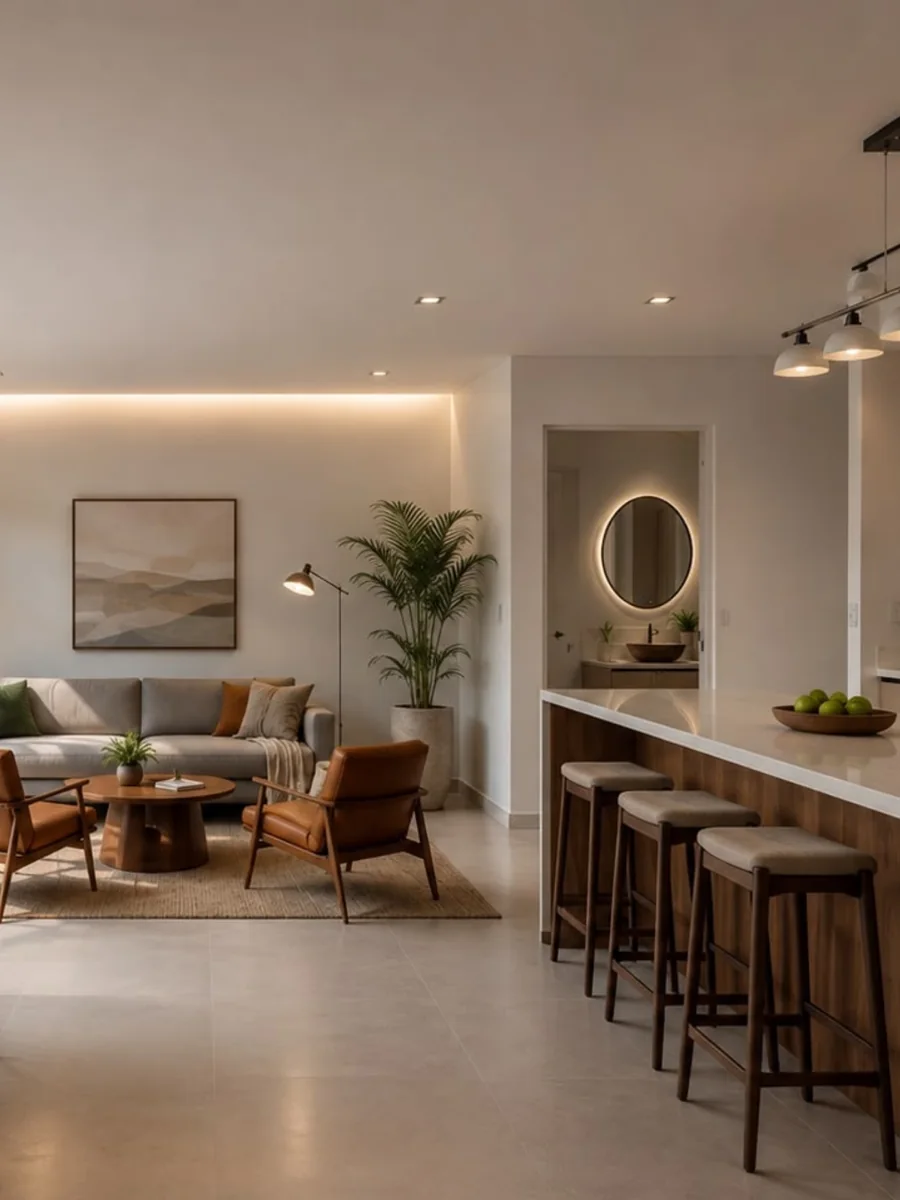 Sala y cocina integradas en tonos claros, con barra y taburetes