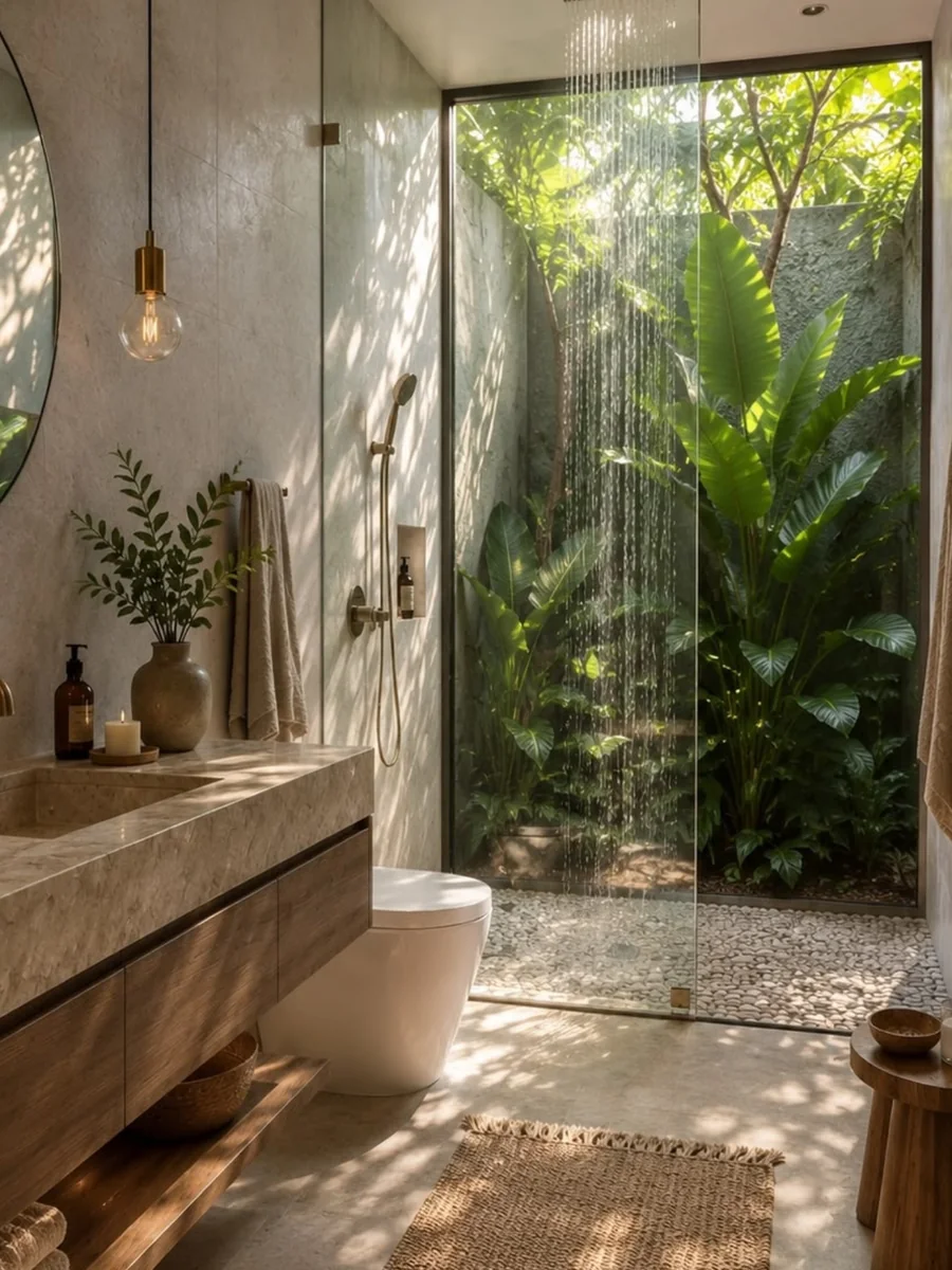 Baño con ducha de lluvia abierta a un jardín tropical
